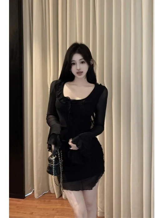 

Early Autumn Long Sve Bell Sve Me Slim Fit Dr Ele Bla High-End Feeling Versatile U Ne Wrap around Skirt