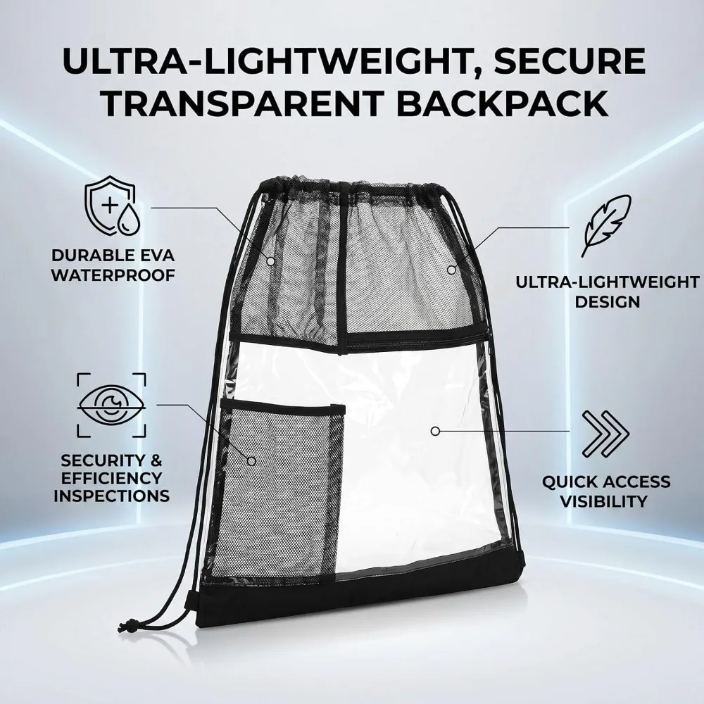 2 Pack Practical Black Drawstring Backpack Mesh Pocket EVA Transparent Cinch Bag Portable See Through Pouch Travel