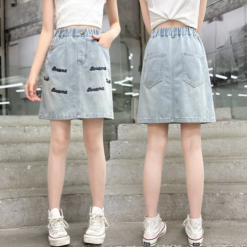 

Girl y2k Streetwear Skirt Child Harajuku Gothic Letter Embroidery Retro Blue Denim Skirt Kids Fashion High Waist Slim Mini Skirt