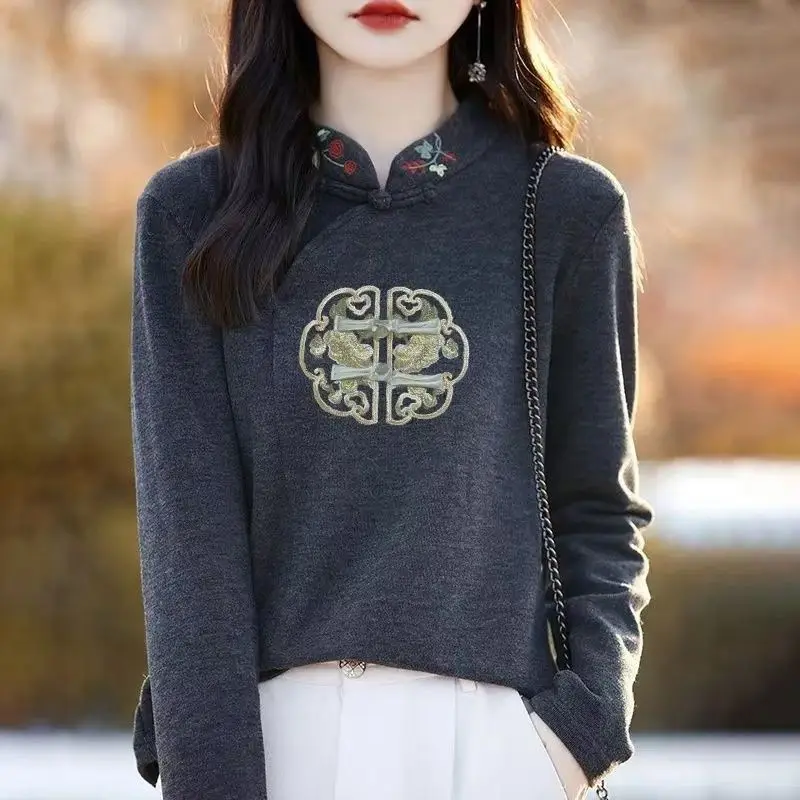 Chinese Style Autumn Winter Women's Stand Collar Embroidery Printing Fashion Long Sleeve Loose Pullovers Bottoming Shirt Tops