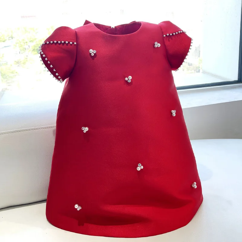 

Baby Girl Princess Pearl Beading Silk Dress Infant Toddler Vintage Big Bow Vestido Party Birthday Pageant Baby Clothes 1-7Y