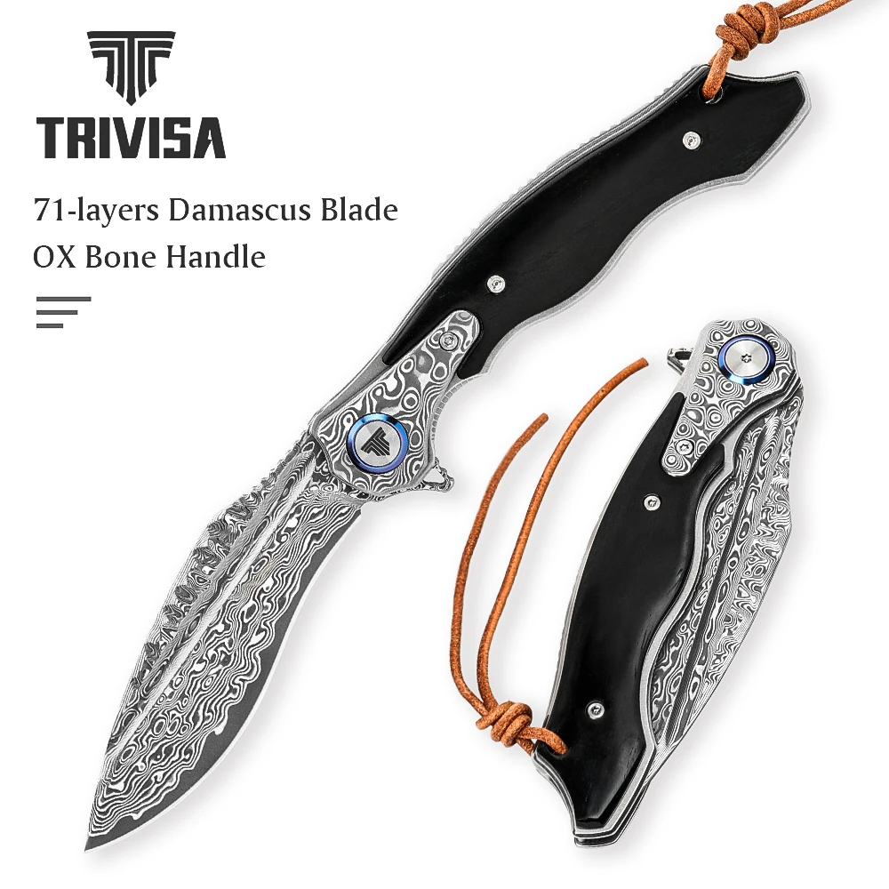 TRIVISA Damascus Folding Pocket Knife for Men, Collection & Gifts Flipper Knives，Handmade OX Bone Handle