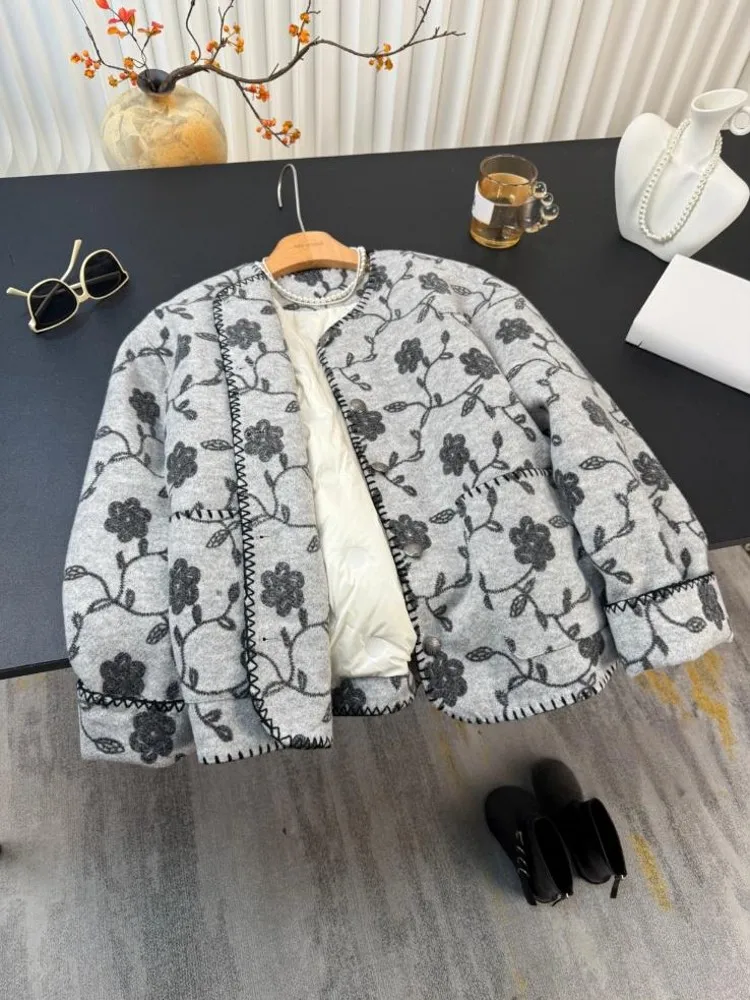 여성 아우터웨어 패션 프린트 트위드 숏 재킷 O넥 싱글 브레스티드 긴 소매 겨울 따뜻한 다운 코트 캐주얼 우아한 여성용