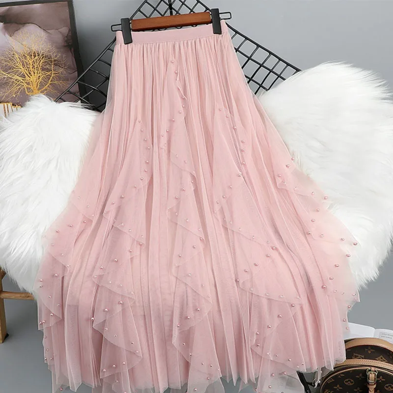 Female Simplicity Fashion Beading Pleated Mesh Skirt Spring Autumn Women's Clothing Solid Elastic High Waist All-match Skirts