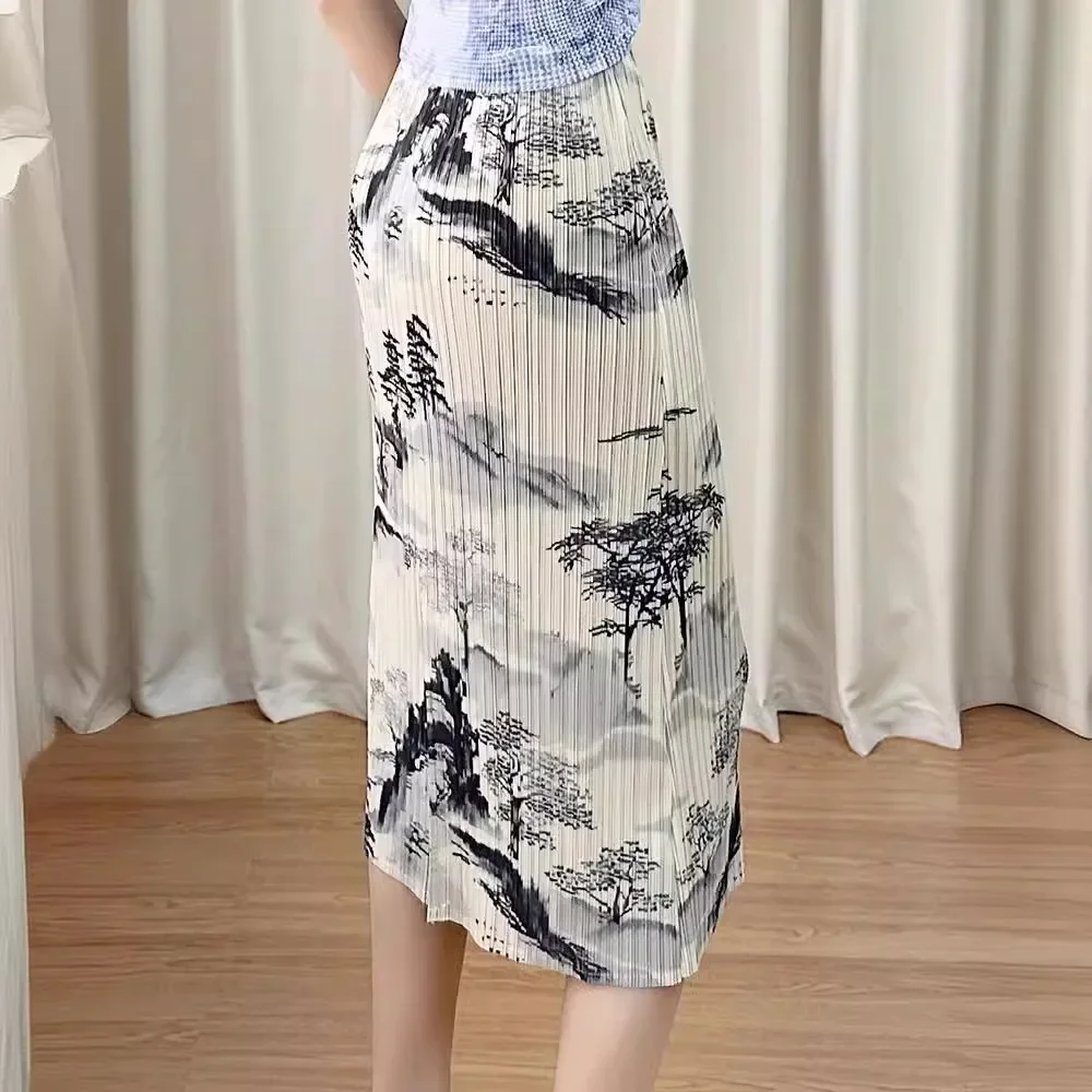 

Summer new Chinese ink painting printed half skirt with pleats and elastic waistband, slimming half skirt A-line pleated skirt