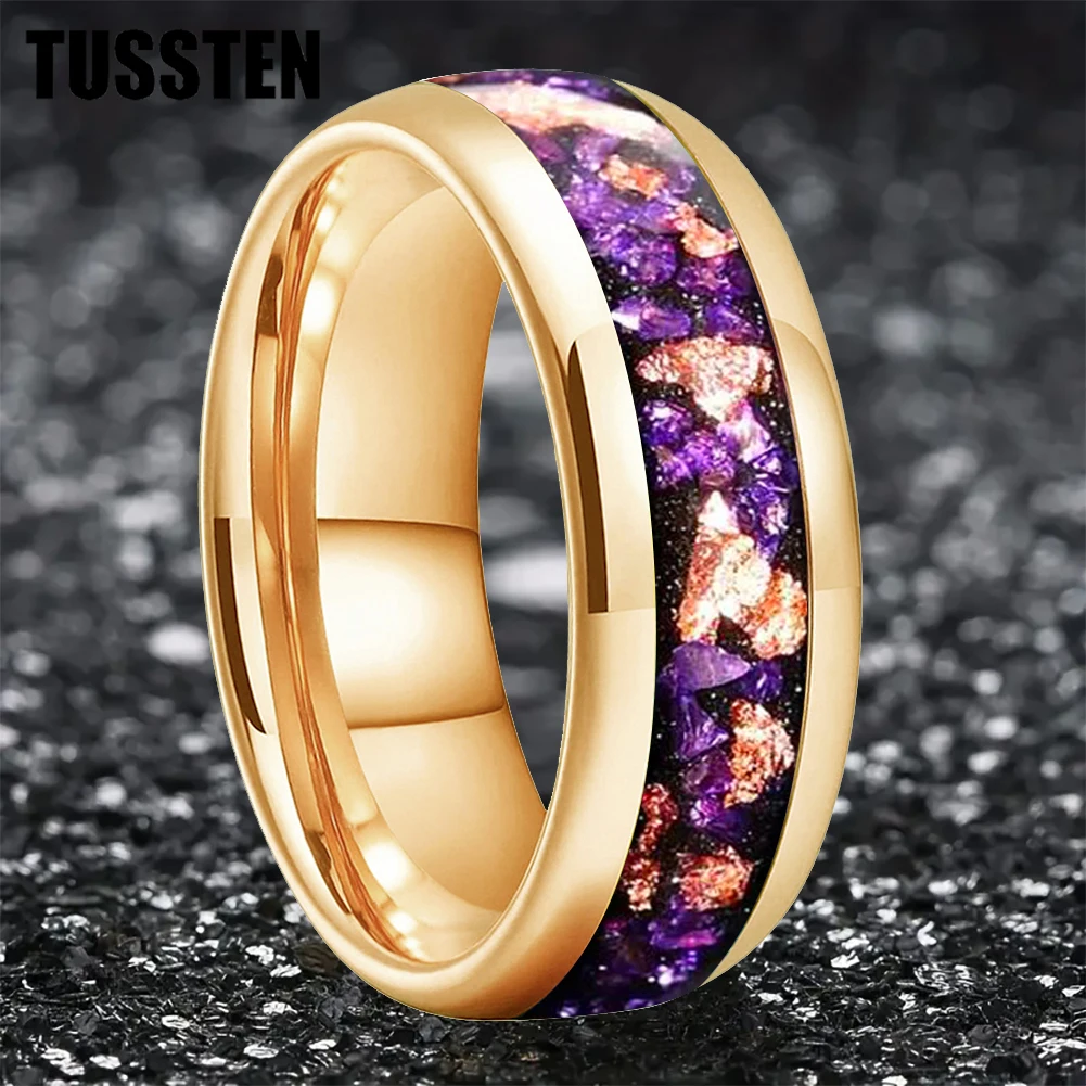 

TUSSTEN 8MM Men's and Women's Wedding Ring with Amethyst Gold Stone in the Middle Groove for Comfortable Fit