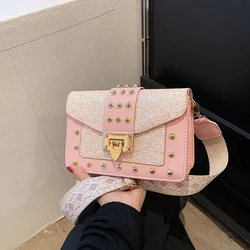 2024 Fashionable Women's Crossbody Bag Rivet Patent Leather Wide Shoulder Bag Women's Trendy Sequins Small Square Crossbody Bag