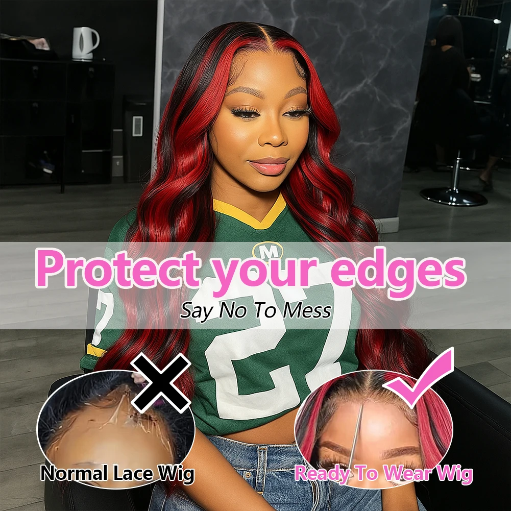 Ombre Red With Blonde Highlights Body Wave 5x5 Glueless Wigs Human Hair Burgundy for Women Pre Plucked 200 Density Colored Wig image 3