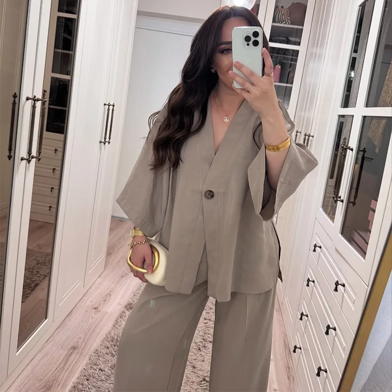 

Casual Loose Cotton Linen Shirt Pants 2 Piece Set Women New Classy Vneck Top High Waist Wide Leg Trousers Set Office Lady Outfit