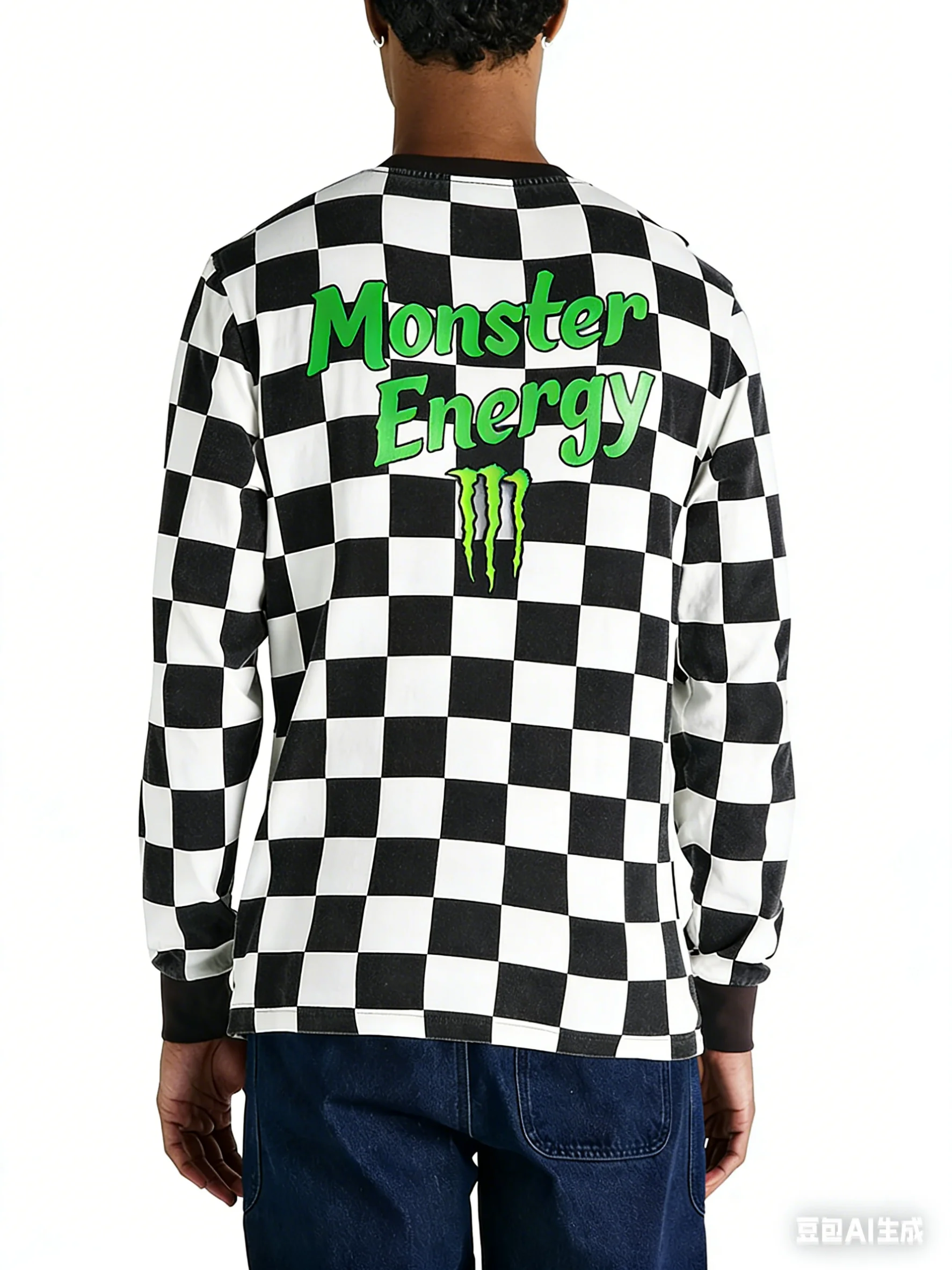 El patrón de tablero de ajedrez es súper moderno! Camiseta de Manga Larga Monster Energy Label, Estilo Urbano Americano, 3D, Transpirable y de Secado Rápido.