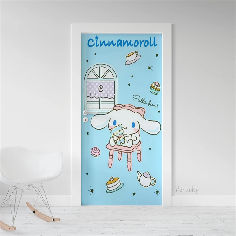 Door Stickers Cute Cartoon Cinnamoroll Children's Room Decoration Wooden Door Renovation Adhesive Stickers Bedroom Living Room