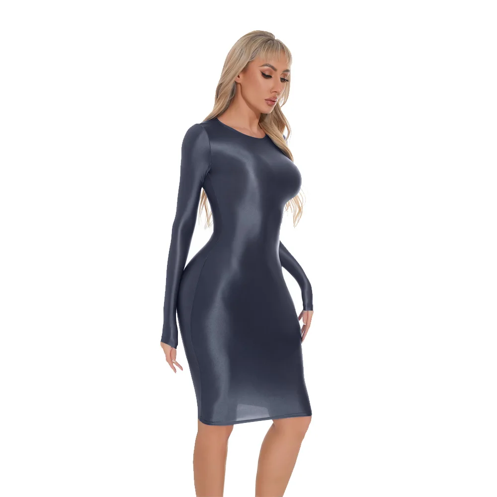 Sexy Candy Color Tight Pencil Dress Satin Smooth Oil Glossy Shiny Bodycon Dress Elastic Push Up Packet Hip Stretch Step Dress