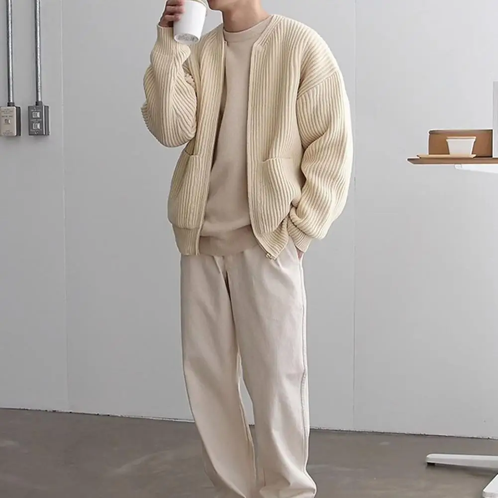 Knit Cardigan Men's Collarless Knitted Cardigan Coat with Zipper Placket Pockets Autumn Winter Solid Color Outwear for Male