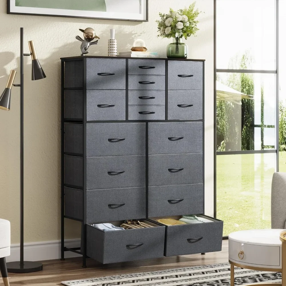 

Tall Fabric Chest of Drawers Storage Organizer With Steel Frame Living Room Cabinets Tv Cabinet Closet Hallway Black Grey Shelf