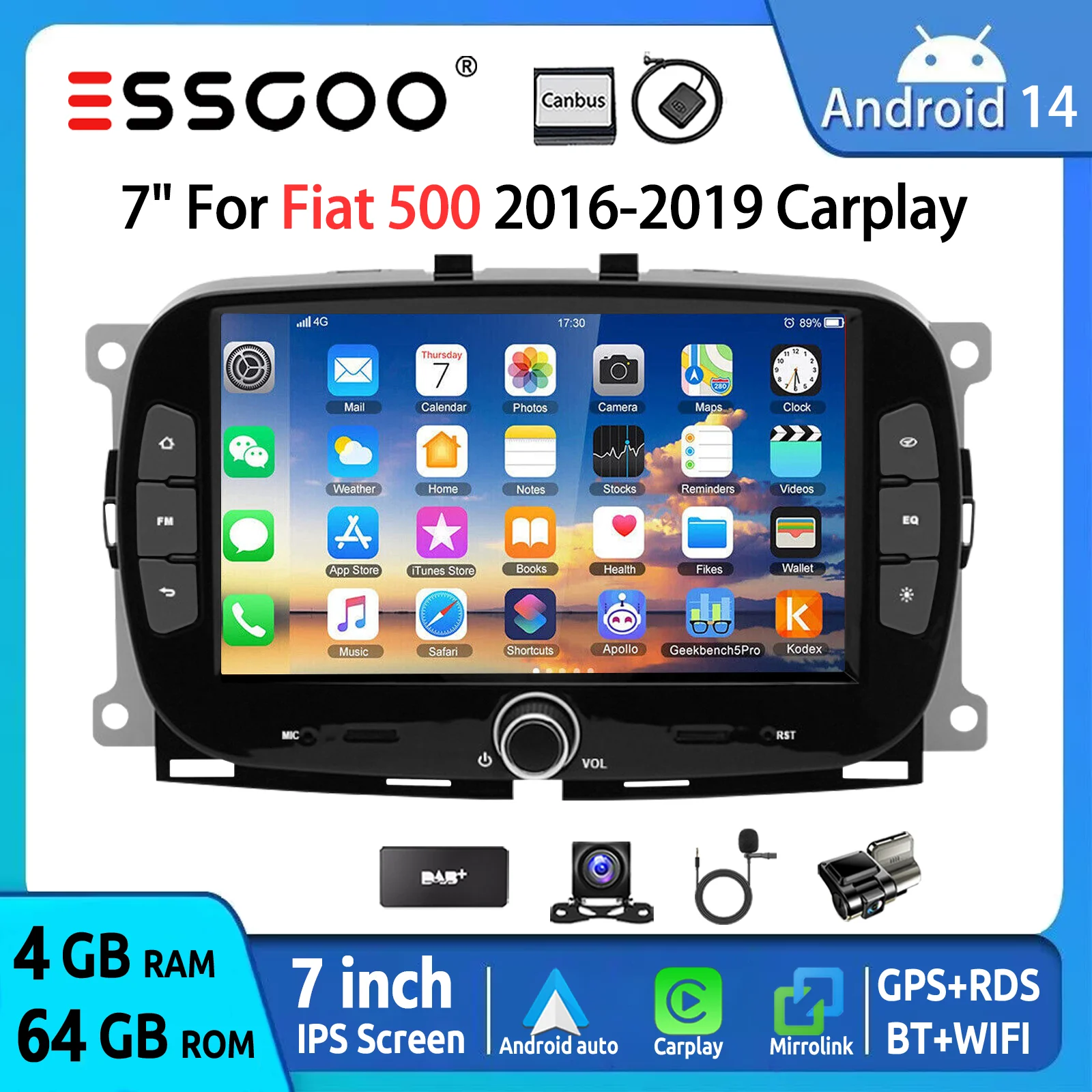 ESSGOO Autorradio Android 14 7 4+64GB per FIAT 500 2016-2019 - CarPlay Senza Fili Android Auto GPS Navigazione Bluetooth FM WiFi Comandi al Volante RDS Mirror Link Lettore Multimediale Video Unità