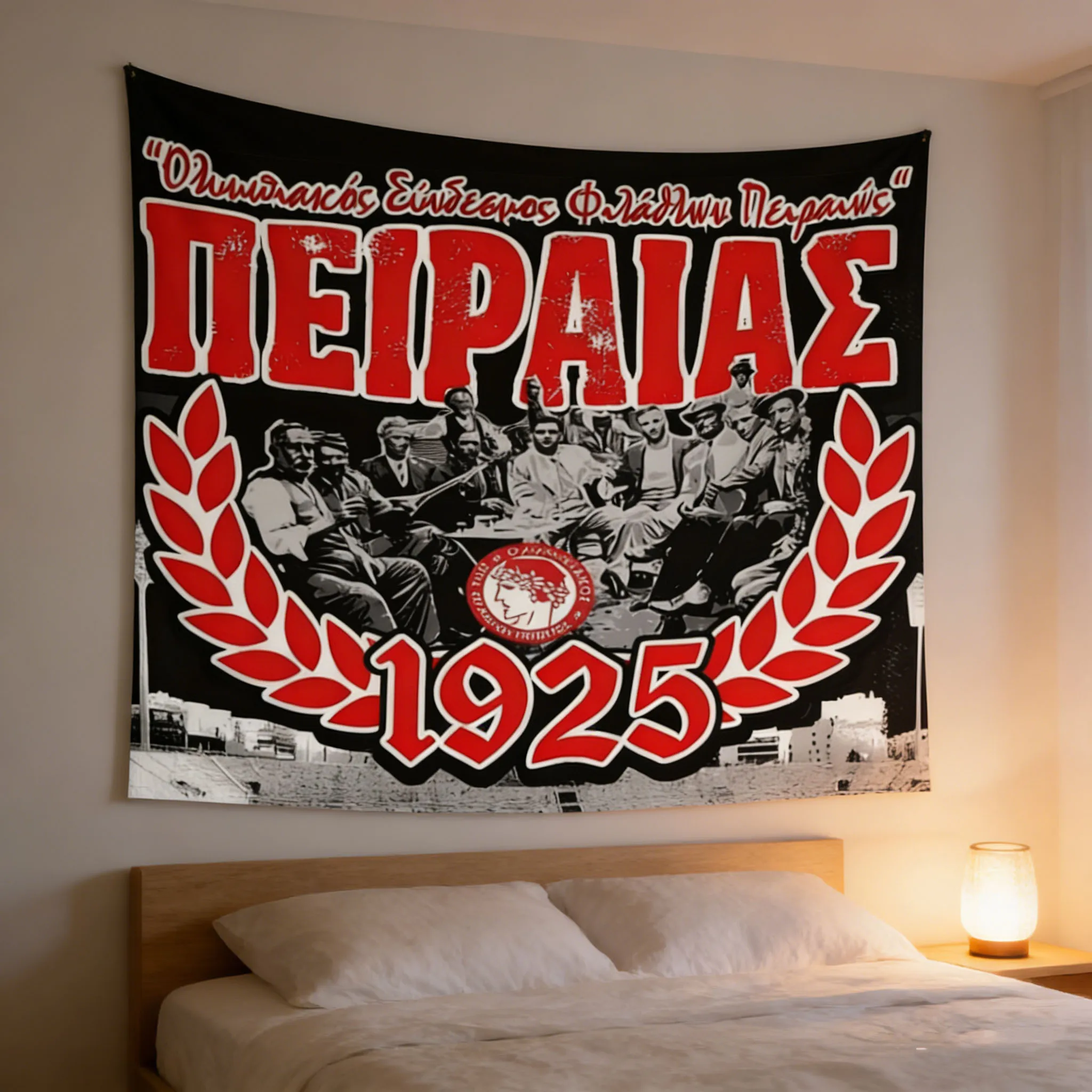 Vintage Olympiacos Football Tapestry, Red Black Flat Print Wall Art, Perfect Decor for Home, Dorm, Office, Patio & Game Room