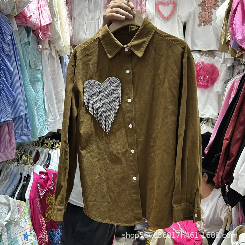 Solid Color Autumn Long Sleeve Women Shirts All-match Single-breasted Loose Cardigans Top Love Diamonds Casual Cotton Blouses