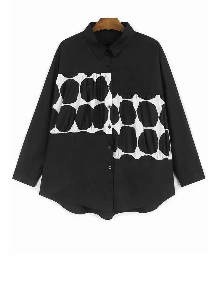

Women Black Dot Printed Irregular Big Size Blouse New Lapel Long Sleeve Shirt Fashion Tide Spring Autumn