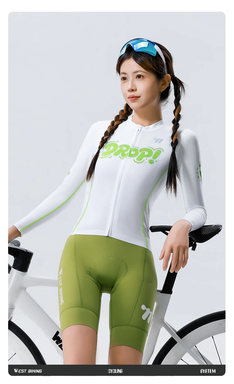 WEST BIKING Damen Fahrradtrikot Langarm Atmungsaktiv Schnelltrocknend Weiß Grün Racing Slim Fit Fahrradbekleidung Sommer-Reitoberteil – Detail 15