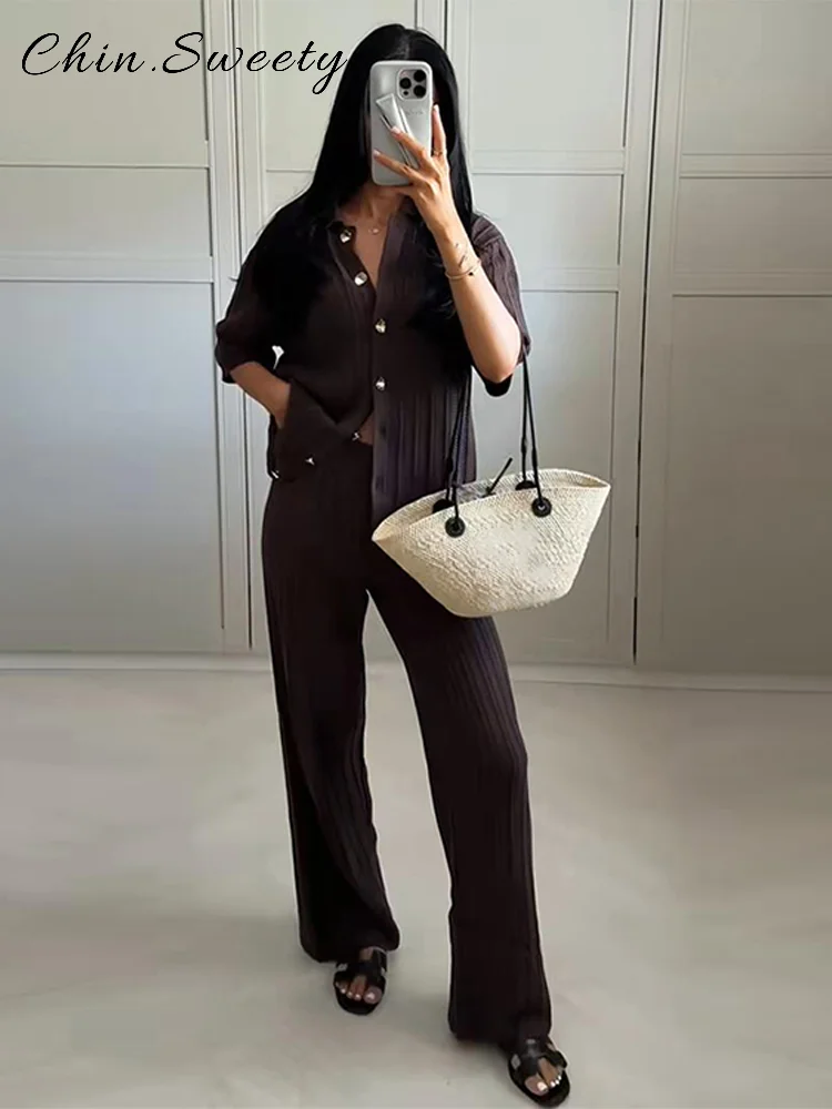 

Casual Knitted Trouser Sets Women Loose Solid Lapel Single Breasted Shirt Straight Pants 2025 Spring Summer Lady Chic Streetwear