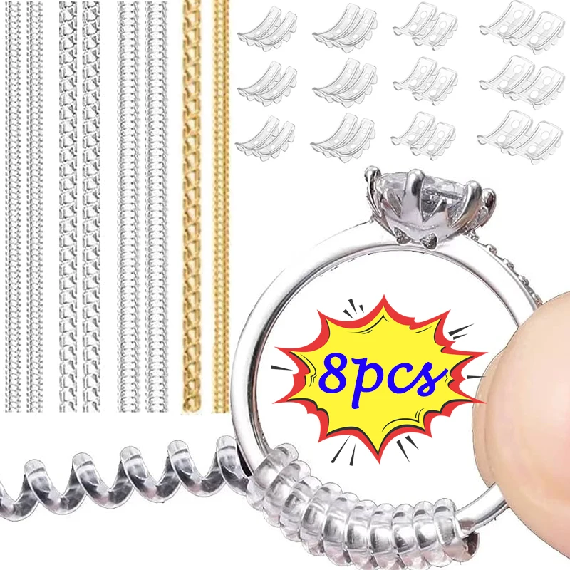 Herramientas reductoras de tamaño de anillo, anillos con resorte en espiral, ajuste Invisible, tensor transparente, herramienta de redimensionado, protector de joyería, 4/8 Uds.