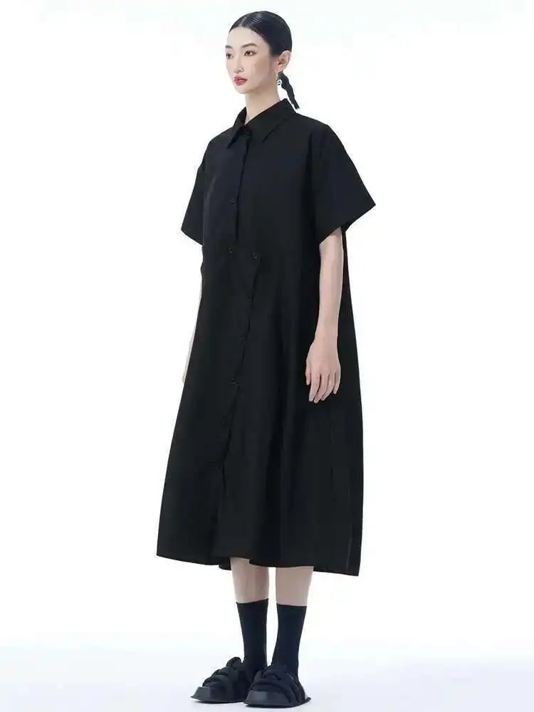 여성 블랙 불규칙한 단추 빅 사이즈 미디 셔츠 드레스 새로운 옷깃 짧은 소매 패션 조수 봄 여름