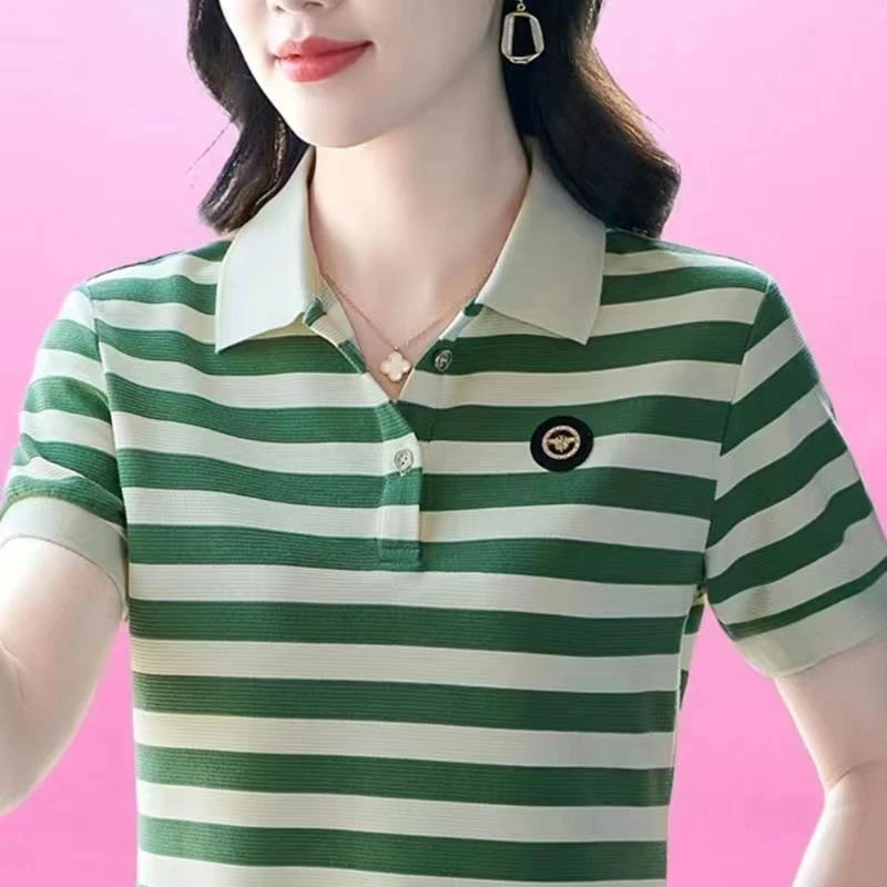

Летняя женская футболка с короткими рукавами, полосатая рубашка-поло, свободные женские топы 2025 года, модная одежда, топ, повседневный базовый пуловер