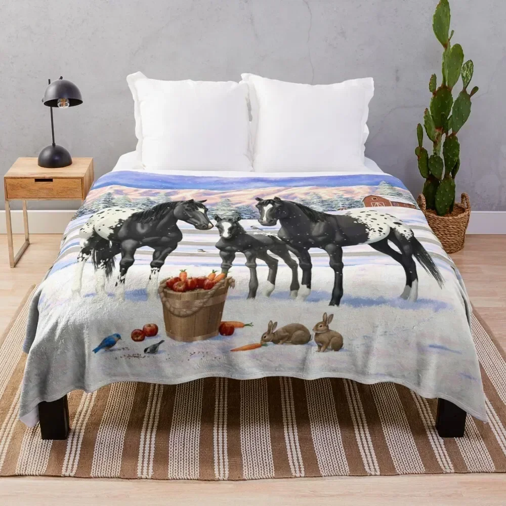 Black Appaloosa Horses In Snow Throw Blanket for sofa Fashion Sofas Blankets