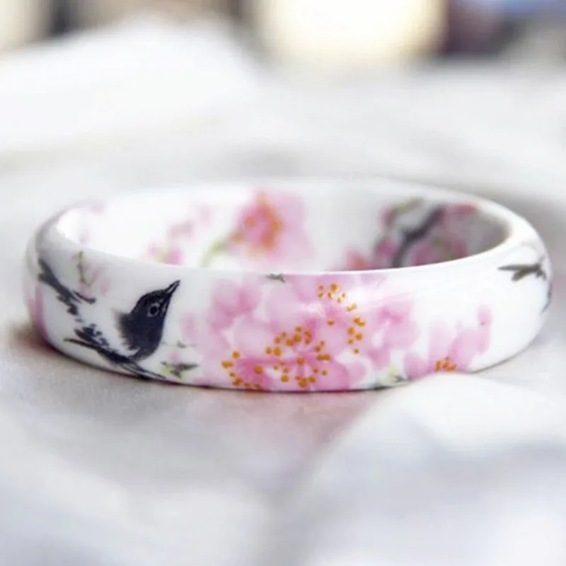 

New Jingdezhen Ceramic Bracelet Fashion Retro Versatile Bracelet with Gold Inscription Peony Bracelet Hanfu Accessories