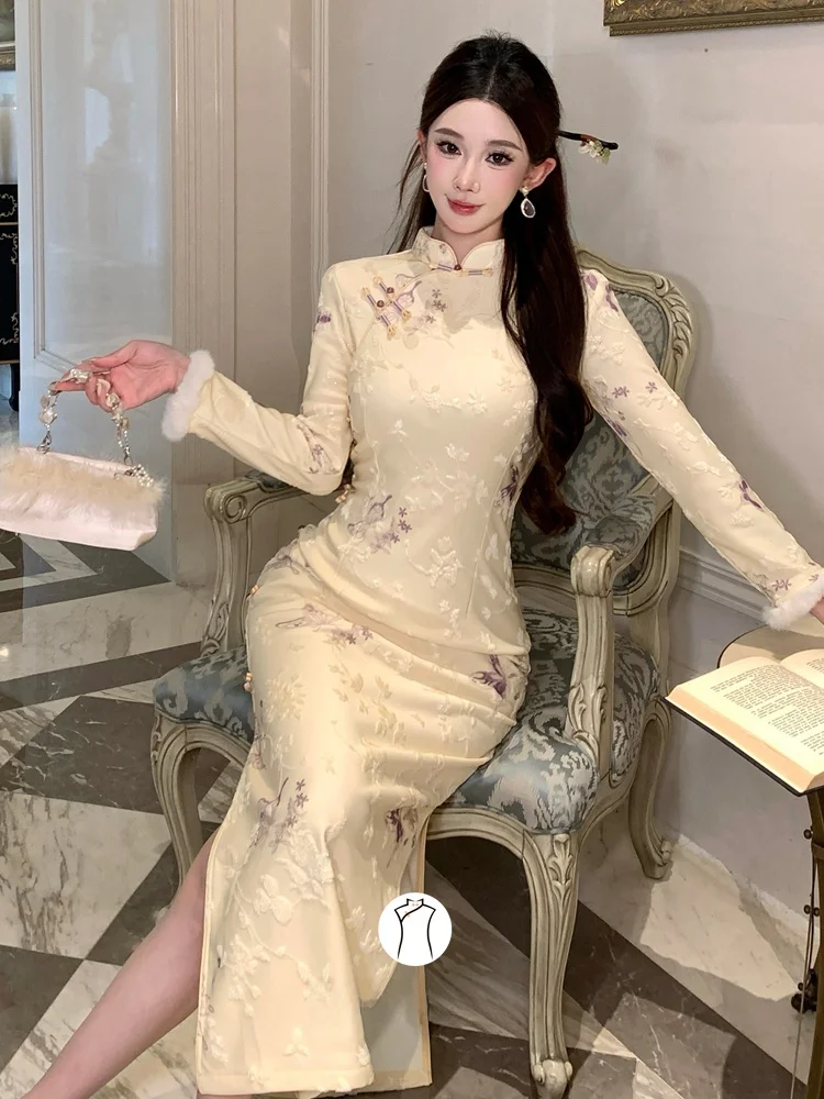 

Желтое ципао Ele с подкладкой Dr Fce, молодежное, теплое, в стиле ретро, с длинными рукавами, с цветочным узором, для повседневной носки