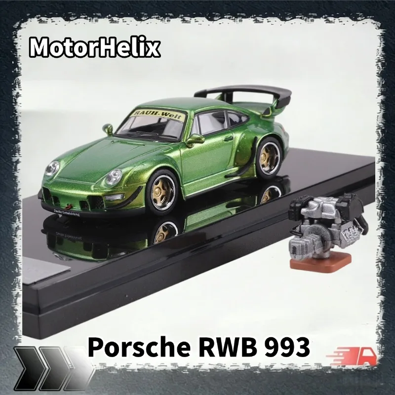 [In Stock] MH 1/64 Diecast Alloy RWB Widebody Car Model, Metallic‑Green With Engine Accessory & Display Base, Collectible