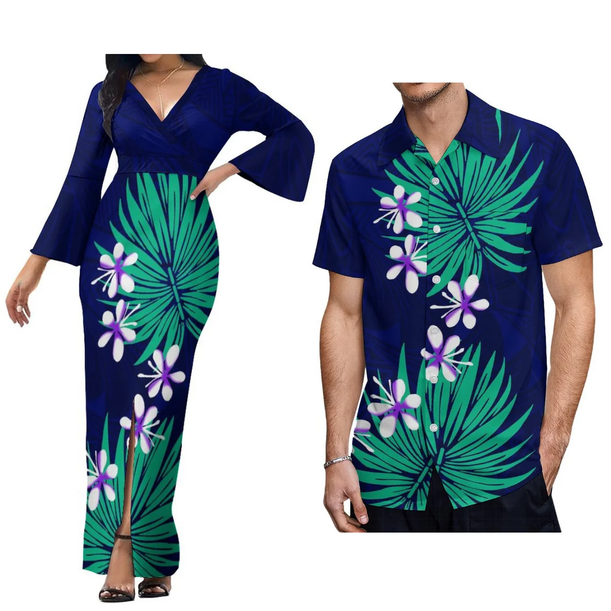 

Hot Selling Women'S V-Neck Dress Split Long Skirt With Men'S Casual Shirt Polynesian Matching Couple Set