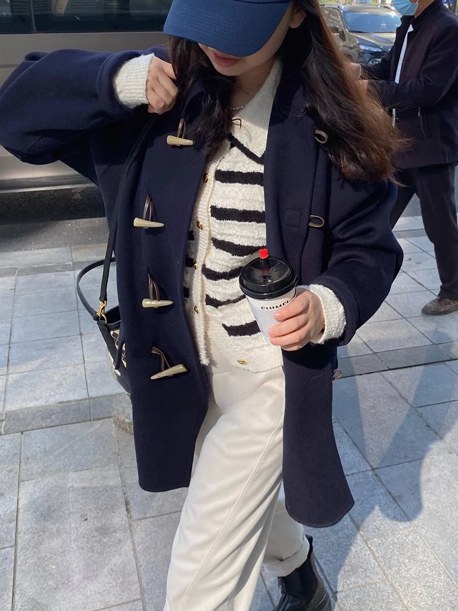 

Шерстяное пальто ручной работы из тибетской шерсти с синими лацканами, на пуговицах, А-силуэт, утепленное, с длинными рукавами, женское