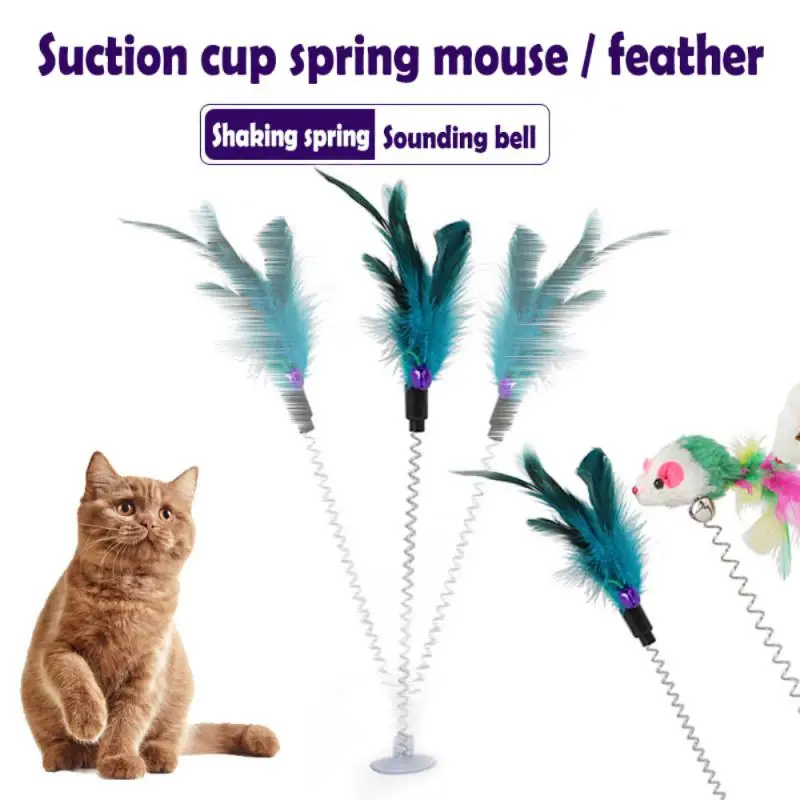 Cat Toy Colorful Suction Cup Spring Feather With Bell Pet Toys Cat Supplies Cat Plush Multicolored Wand Pet Interactive Toys