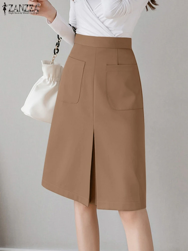 

2024 ZANZEA Elegant Summer OL Work Skirts Women High Waist Solid Knee-length Skirt Female Split Hem Office Party Faldas Saia