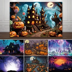 Halloween Eve Photography Backgrounds Night Castle Moon Pumpkin Lights Skeleton Family Party Photozone Horror Theme Backdrop