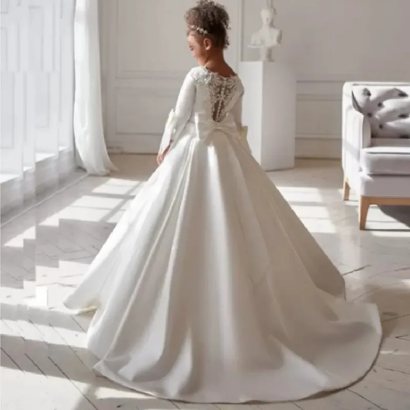 Robe de demoiselle d'honneur avec appliques en dentelle, satin, queue de nœud simple, bébé fille, mariage princesse, fête d'anniversaire, première communion