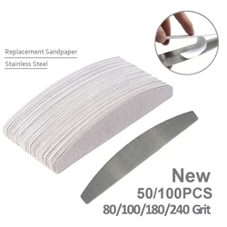 50/100PCS Grey Professional Nail Files 100 180 240 Bulk Removalble Pads With Metal Handle Stainless Steel Thicken EVA Sandpaper