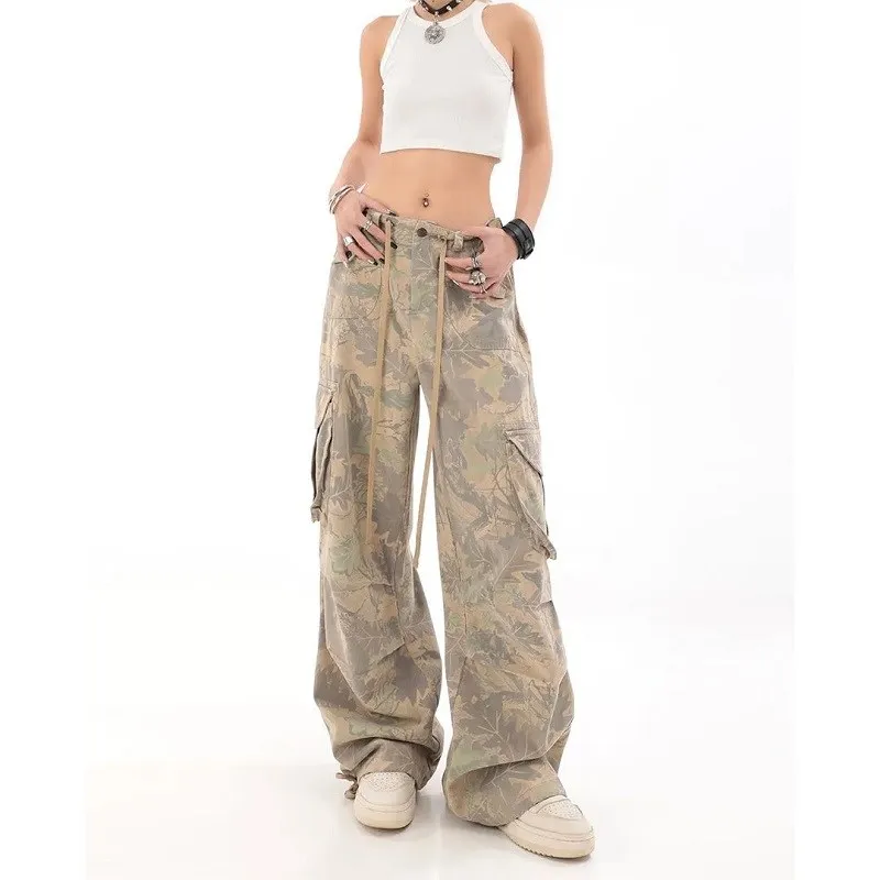 

2023 Fashion New Product American Large Camo Work Jeans Y2K High Street Straight Tube Loose Trendy Wide Leg Women's Pants