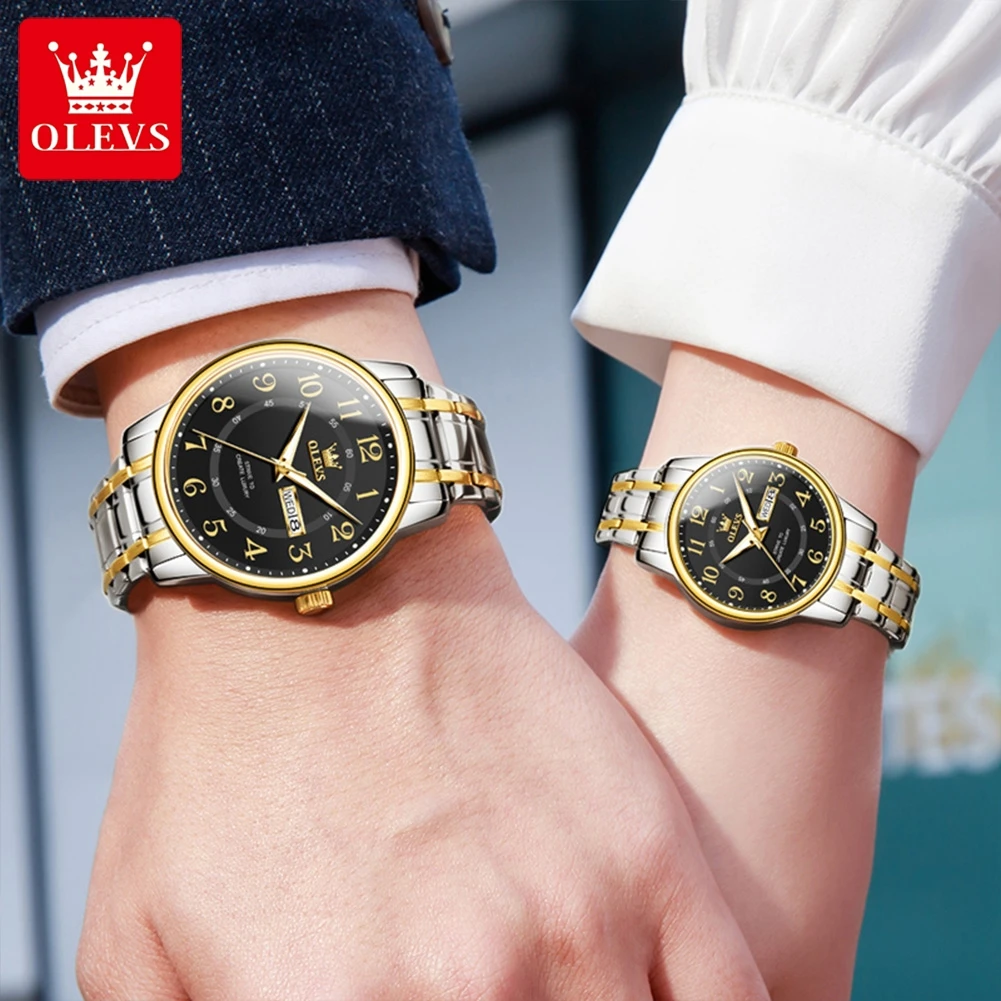 OLEVS 2891 Luxury Brand Quartz Couple Watch Waterproof Stainless Steel Watch Elegant Calendar Week Date Gift Couple Watch Set
