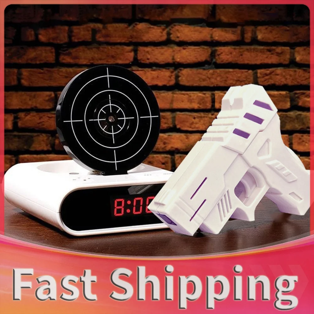 Personalized Wake Shot Alarm Clock with Gun & LED Display Ringtones Customization 2 Alarming Modes for Lazy Mute  Office