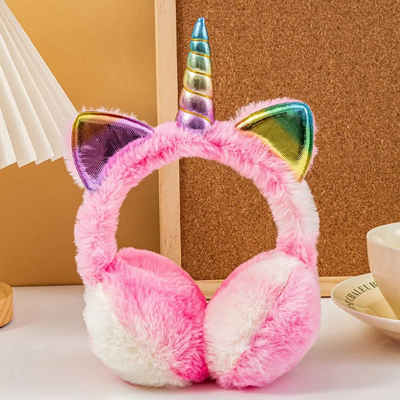 Colorful Unicorn Soft Plush Fluffy Earflap for Children Kids Winter Warm Plush Earmuffs with Cute Cat Ears Tie-dye Fur Hat
