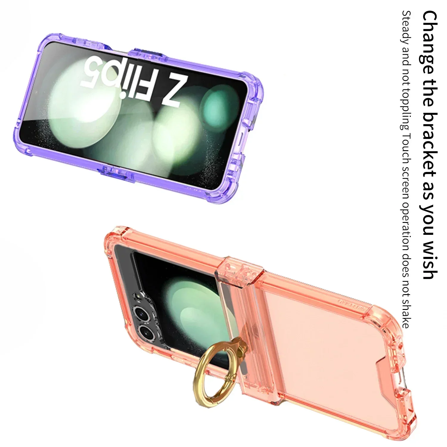 For Samsung Galaxy Z Flip 6 5 4 3 Case Colorful Transparent Fold Hingle Ring Bracket Four Corner Shockproof Protection Back Case image 3
