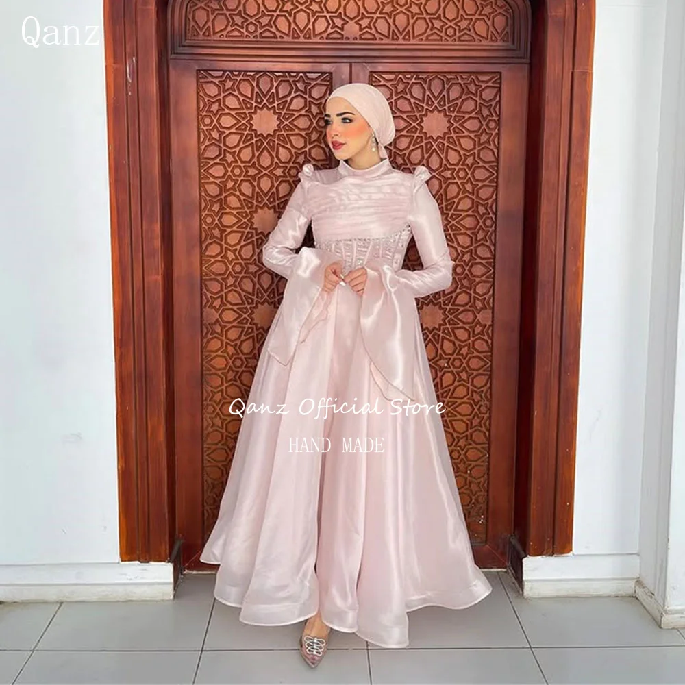 Qanz Muslim Silk Organza Evening Dresses Long Sleeves Crystal Vestidos De Fiestas Elegantes Mujer Ramadan Abayas Customized