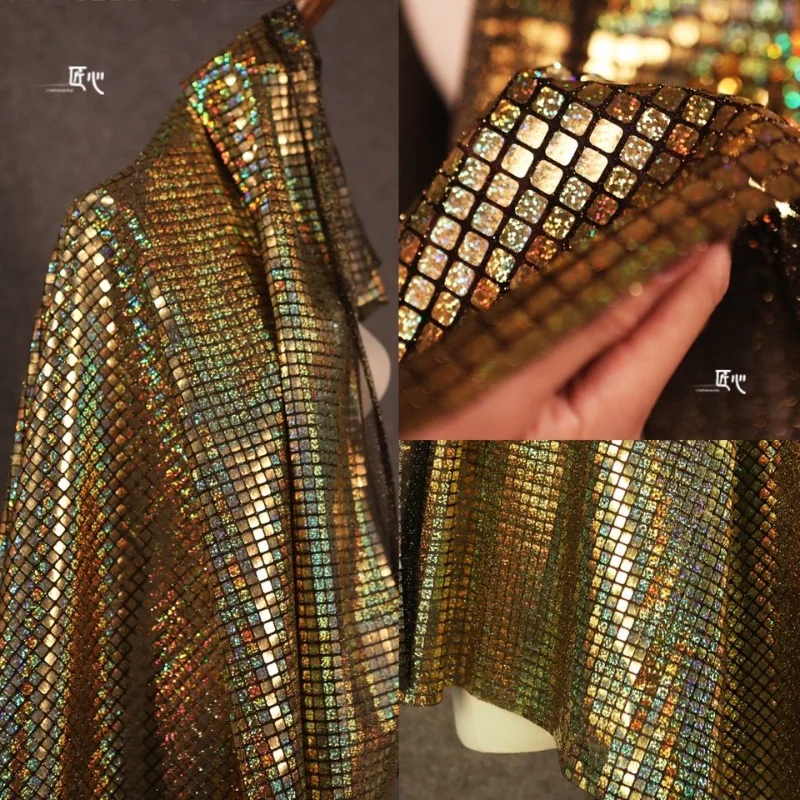 50*100cm Symphony Metallic Dark Gold Plaid Fabrics Mirror Reflective Cloth Mesh Sequin Garment Fabric By The Meter