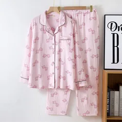 Bow Vintage Printed Loose Pajamas For Women Lapel Long Sleeve Top Pant Suit Autumn Winter 100% Cotton Nightwear Home Clothing