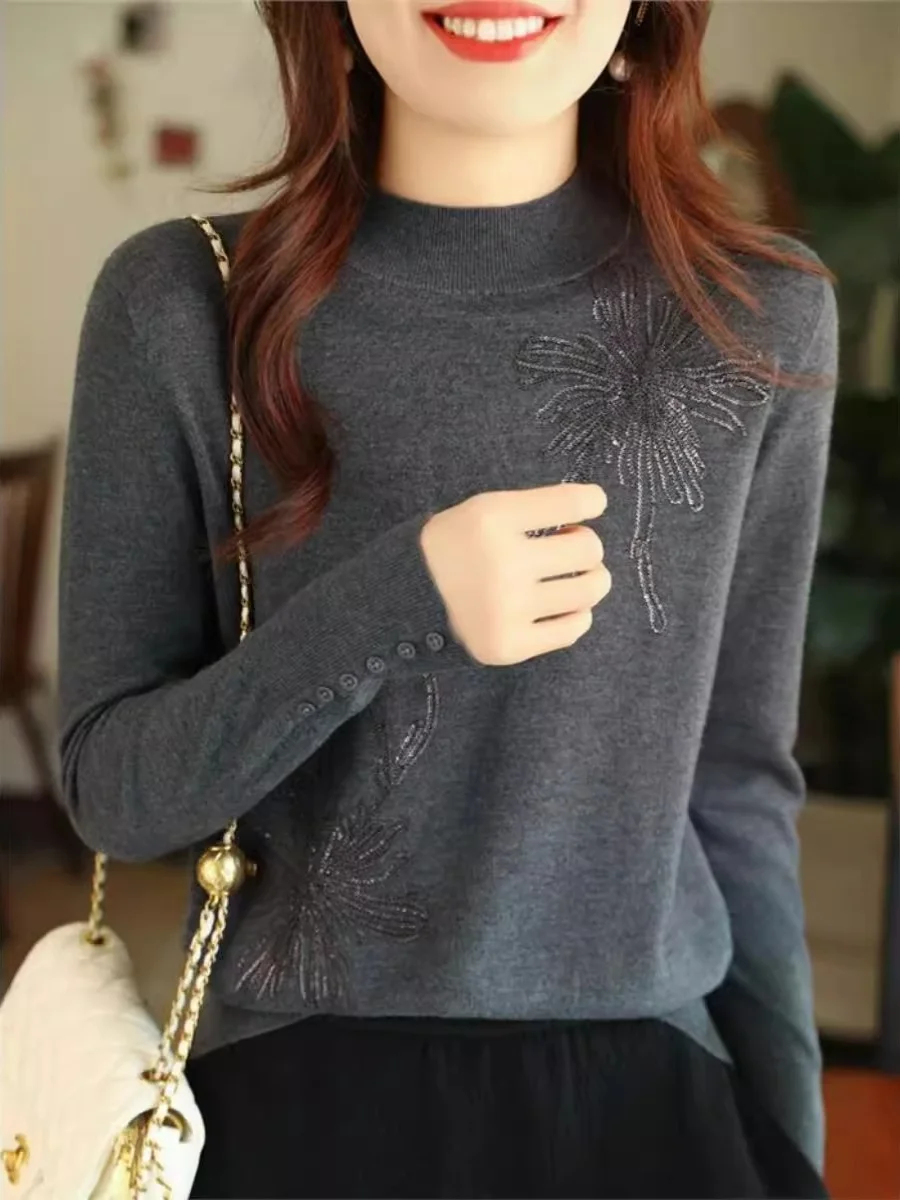 Skin-friendly Semi-high Collar Knitwear Women's Loose Velvet Long Sve Spring Autumn Base Layer irt Thin Model