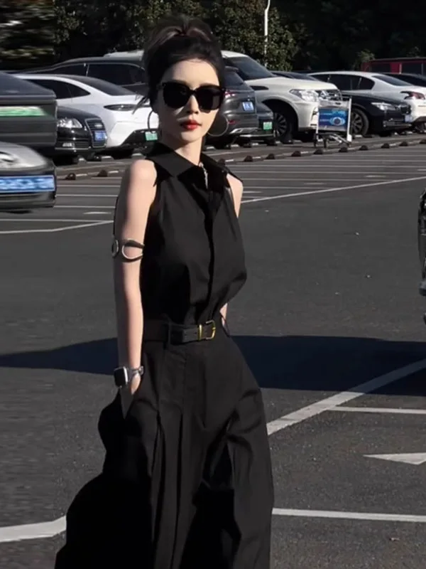 

Korean Style Black Neck Sleeveless Vest Shirt Wide Leg Pants Women's 2025 Summer New Fashion Set Popular Two-Piece Suit