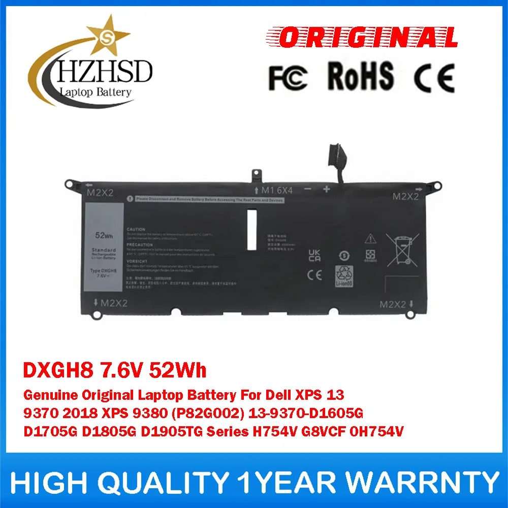 Batería original genuina para ordenador portátil DXGH8 7,6 V 52Wh para Dell XPS 13 9370 2018 XPS 9380 (P82G002)13-9370-D1605G D1705G D1805G D1905TG