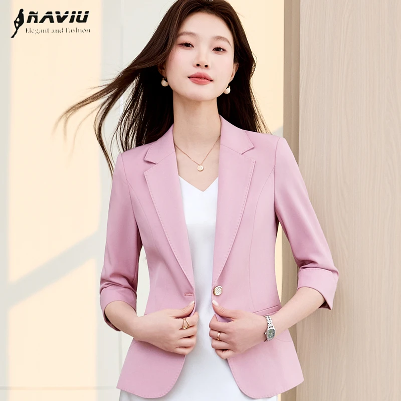 

NAVIU Spring Summer Women Blazers New Fashion Half Sleeve Thin Office Lady Suit Jacket Pink Black Apricot Coat Blazer